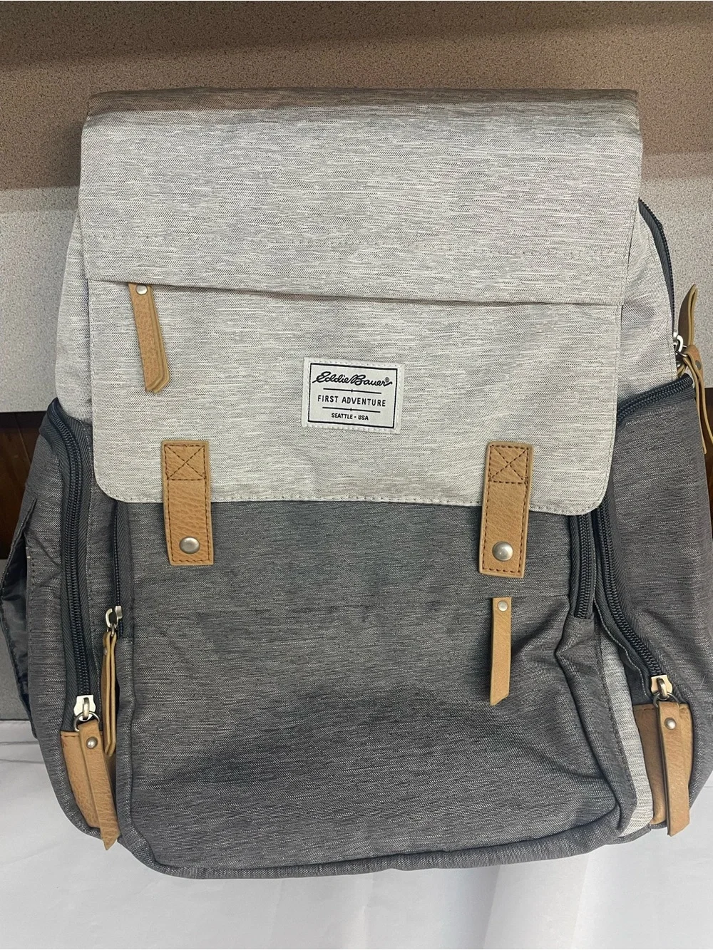Eddie Bauer Gray and Tan Canvas diaper bag Backpack